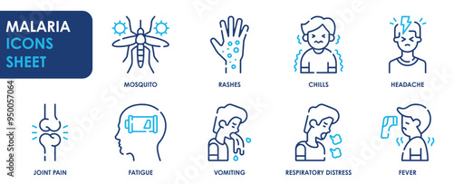 A set of line icons related to symptoms of Malaria. Rashes, chills, headache, joint pain, fatigue, vomit, fever, and shortness of breath. Vector outline icons set.