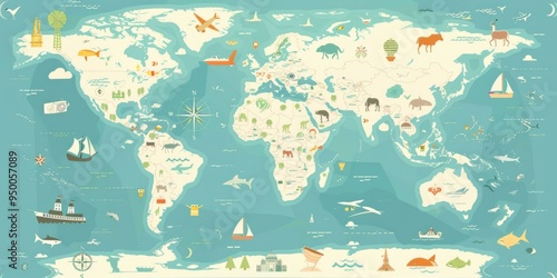 A colorful map of the world with various animals and boats. The map is a representation of the world and its diverse features