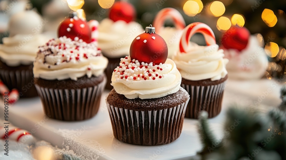 A festive cupcake display with holiday-themed decorations like ornaments and candy canes. A festive cupcake display with holiday-themed decorations like ornaments and candy canes.