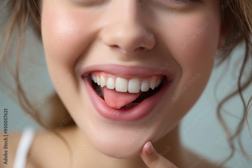 Obraz premium Smiling young woman showcases clean teeth in close-up. She licks her lips, revealing white and healthy dental care. Her happy face highlights a natural beauty.