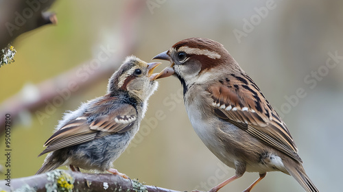 Tender Sparrow Couple Feeding Each Other in Natural Setting