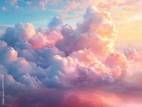 Fluffy layers of pastelcolored clouds stretching far into the distance, evoking a sense of calm and endlessness, Fluffy Distant Layers, Soothing sky