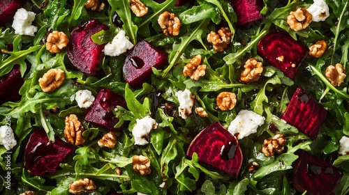Top view of vibrant beet and arugula salad with goat cheese and walnuts drizzled with balsamic vinaigrette