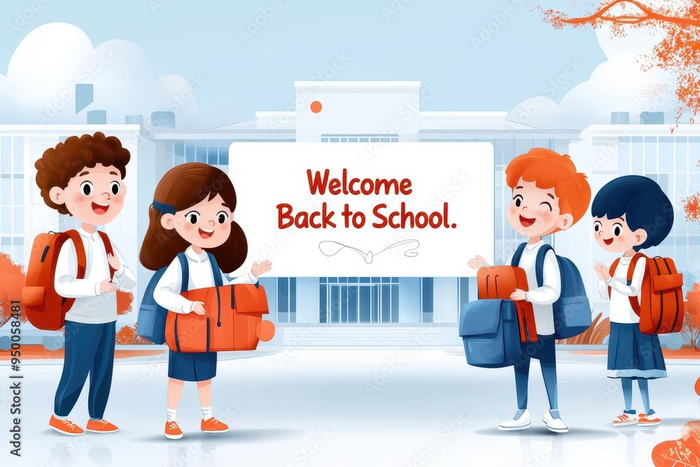 Happy students with backpacks standing in front of school building with welcome back to school sign Happy students with backpacks standing in front of school building with welcome back to school sign