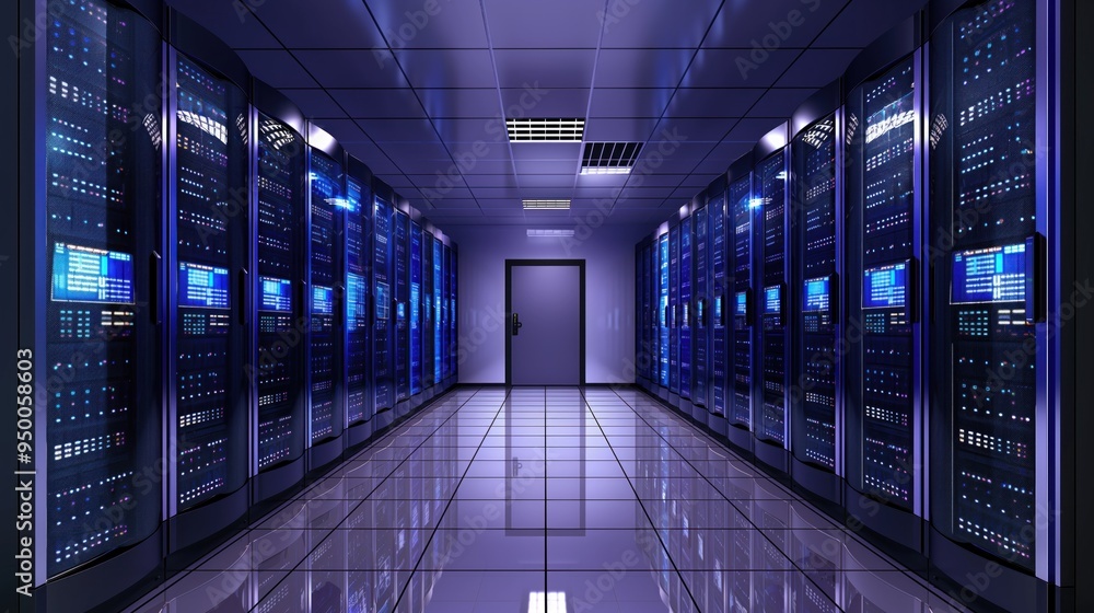 Computer server room with multiple rows of identical servers lit by blue lights in soft purple hue. Large window on left wall lets natural light filter in, creating peaceful atmosphere. Computer server room with multiple rows of identical servers lit by blue lights in soft purple hue. Large window on left wall lets natural light filter in, creating peaceful atmosphere.