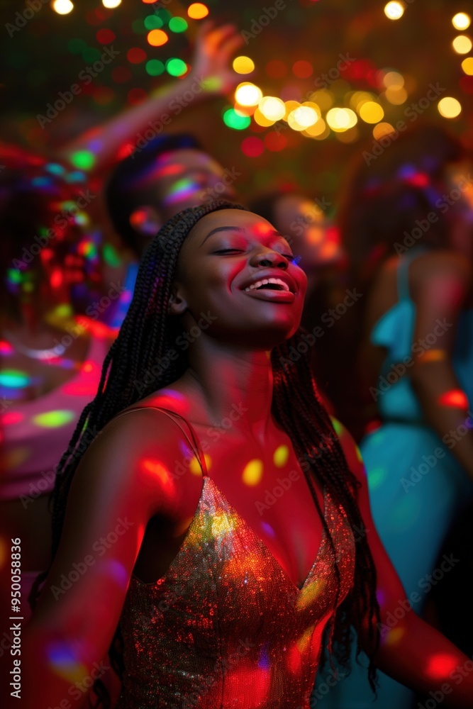 Fototapeta premium African American woman stands in party atmosphere wearing shimmering gold dress. Dark hair cascades down shoulders as gazes upwards with joy, excitement. Vibrant lights illuminate room creating