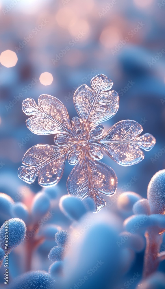 Fototapeta premium A close-up of an intricate ice crystal on a soft blue background, capturing the beauty of winter in stunning detail.