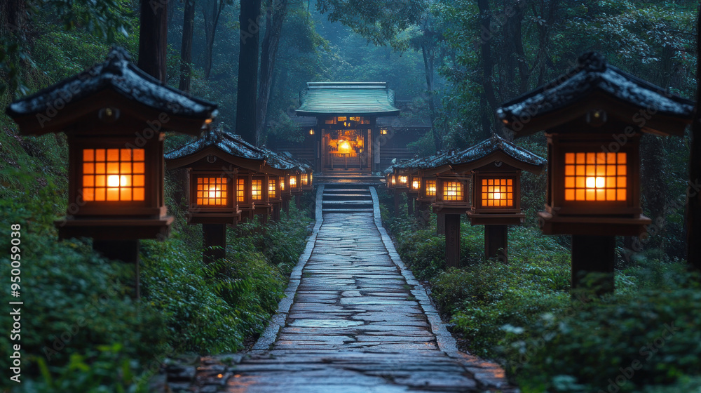 Lantern-lit pathways lead to a secluded Shinto shrine nestled in the forest. Lantern-lit pathways lead to a secluded Shinto shrine nestled in the forest.