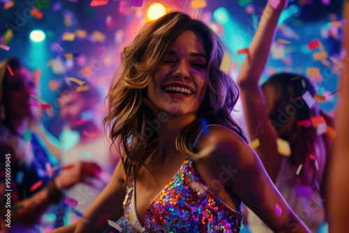 Woman dances at nightclub with sequined dress under colorful lights. Her arms outstretched and head tilted, surrounded by confetti and vibrant party atmosphere.