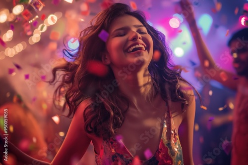 Joyful South Asian woman dancing on nightclub dance floor surrounded by colorful lights and confetti. Vibrant red dress contrasts with dark hair, arms raised in excitement.