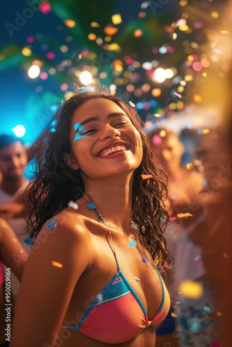 South Asian woman dancing in vibrant pink bikini top, blue swimsuit surrounded by colorful confetti. Lively party atmosphere with blurred crowd of people in background.