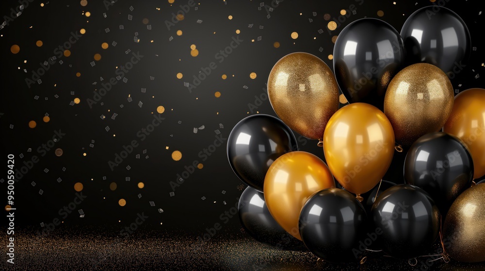 Gold balloons float on a black background with glitter, negative space for celebration. Confetti and party decorations fill the scene, perfect for new year eve and black friday Gold balloons float on a black background with glitter, negative space for celebration. Confetti and party decorations fill the scene, perfect for new year eve and black friday