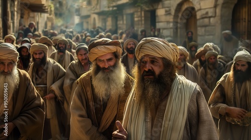 Old Jewish men in traditional clothing walk on a street in Israel. One man wears a yarmulke and holds a prayer shawl. The scene is set against a background of ancient stone buildings.