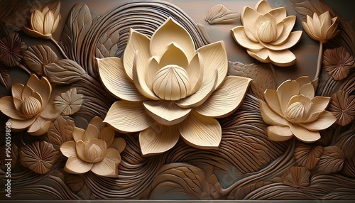 This wall features intricacies of Lotus Flowers and Lily Pads sculpted in textural relief, symbolizing purity.
