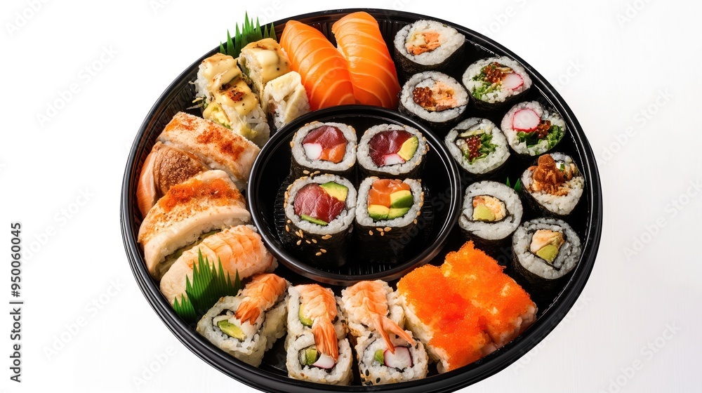 Round black bowl contains various fresh sushi in a take away food setting. Isolated on white background, the sushi box showcases delicious Japanese cuisine. Round black bowl contains various fresh sushi in a take away food setting. Isolated on white background, the sushi box showcases delicious Japanese cuisine.