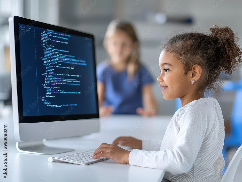 Young boy coding on computer with desk and lamp. Young boy coding on computer with desk and lamp.