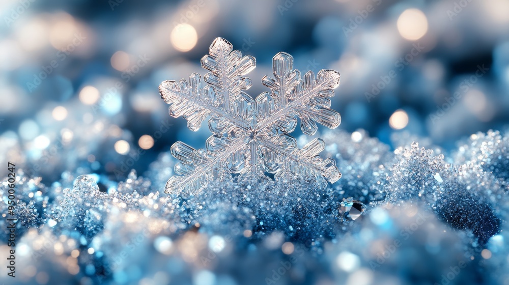 A close-up of a delicate snowflake atop glistening blue ice crystals, showcasing intricate patterns and serene winter beauty. A close-up of a delicate snowflake atop glistening blue ice crystals, showcasing intricate patterns and serene winter beauty.