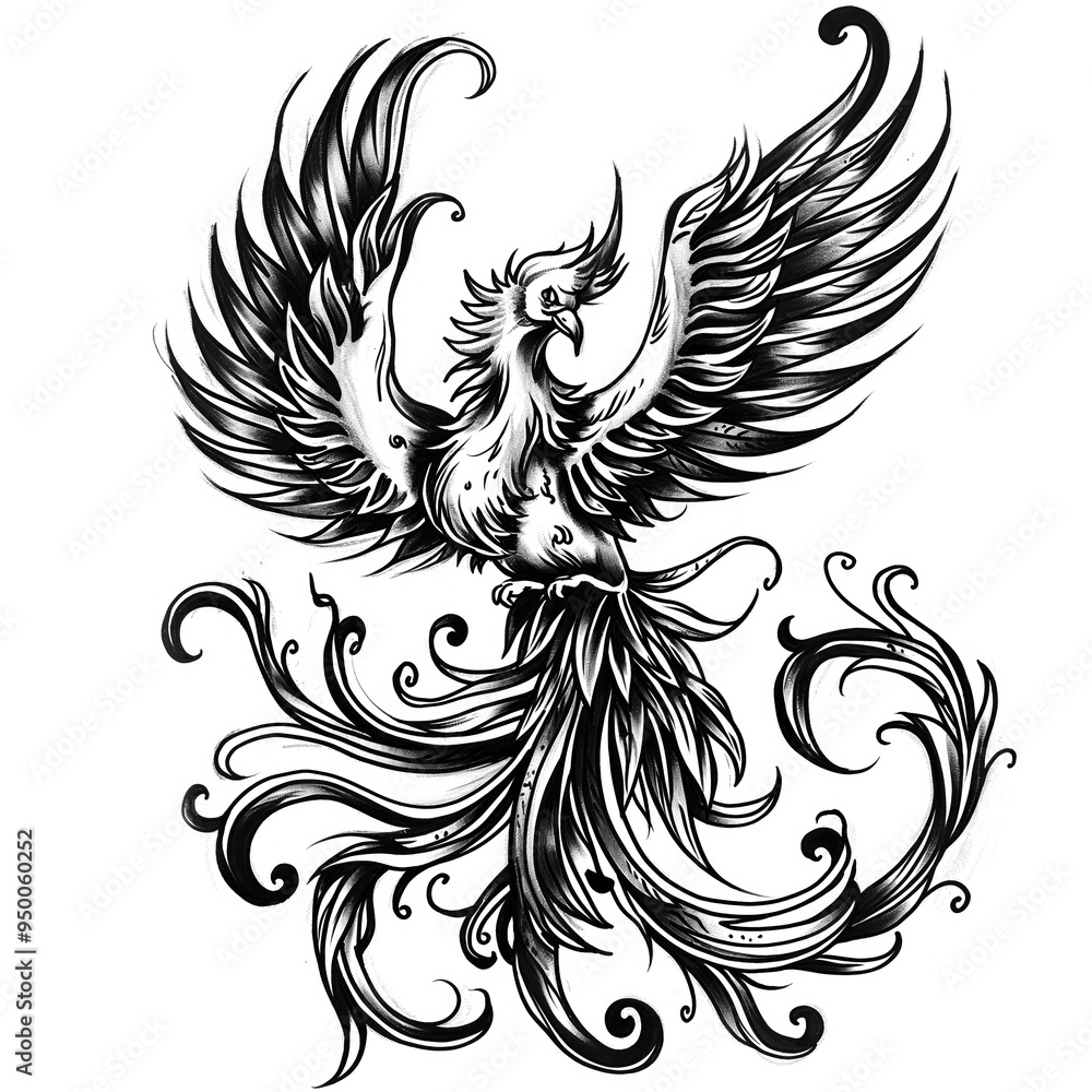 Majestic phoenix illustration in black and white, isolated on white background. Graphic drawing of mythical bird with fiery plumage, fantasy tattoo idea. Majestic phoenix illustration in black and white, isolated on white background. Graphic drawing of mythical bird with fiery plumage, fantasy tattoo idea.