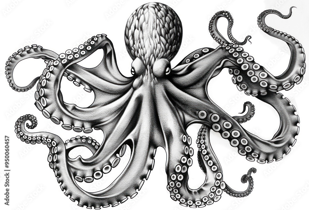 Octopus illustration in black and white, isolated on white background ...
