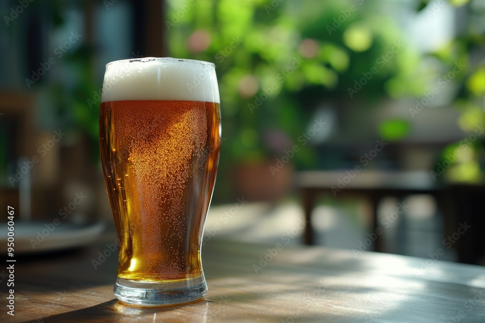Cold beer standing on table in outdoor restaurant Cold beer standing on table in outdoor restaurant