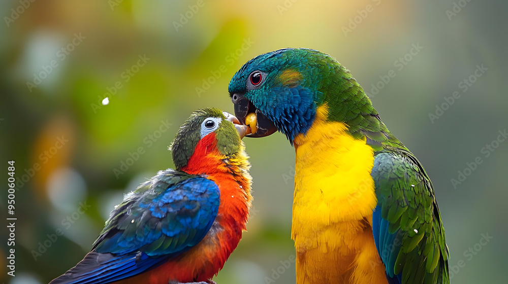 Vibrant Parrot Couple Perched on Branch in Tropical Foliage Vibrant Parrot Couple Perched on Branch in Tropical Foliage