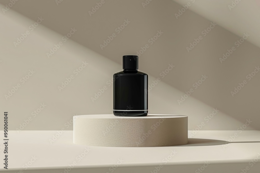 mockup of a plain black perfume bottle neatly placed on a podium on a neutral background mockup of a plain black perfume bottle neatly placed on a podium on a neutral background