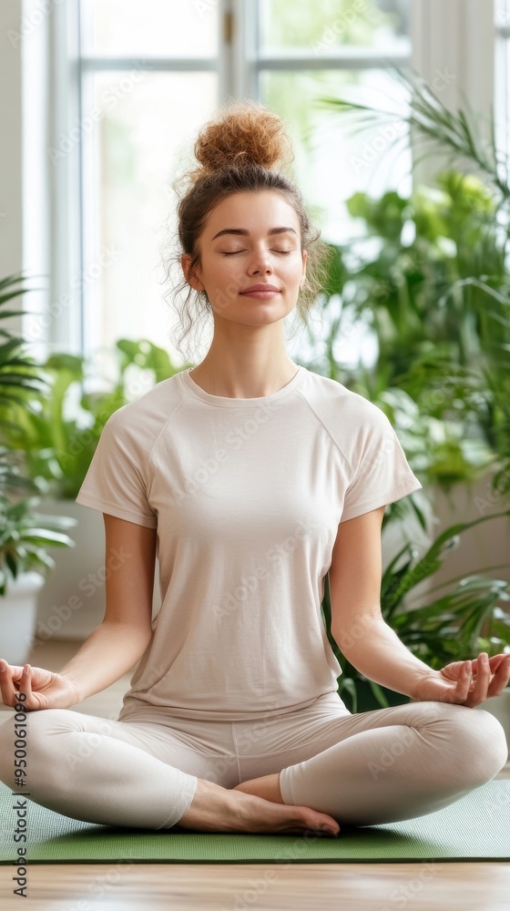 A woman meditating on a yoga mat in her living room, surrounded by plants and natural light, embodying relaxation and mindfulness A woman meditating on a yoga mat in her living room, surrounded by plants and natural light, embodying relaxation and mindfulness