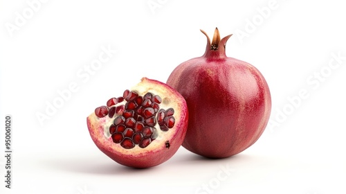 A whole pomegranate and a half with seeds visible, isolated on a white background.