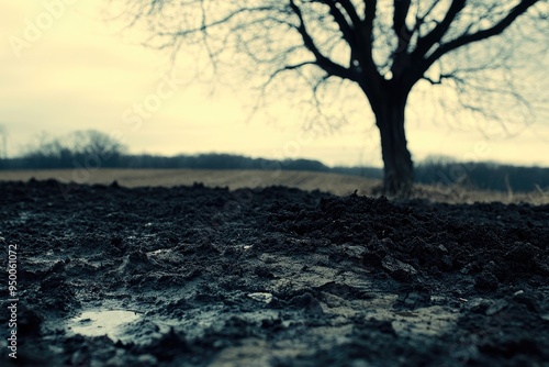 Bare tree standing on wet soil in a field