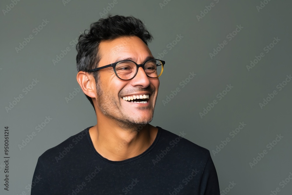 Hispanic adult man with glasses and a smile on his face. Confident and happy expression. Side profile view of a young male looking away with a joyful laugh. Hispanic adult man with glasses and a smile on his face. Confident and happy expression. Side profile view of a young male looking away with a joyful laugh.