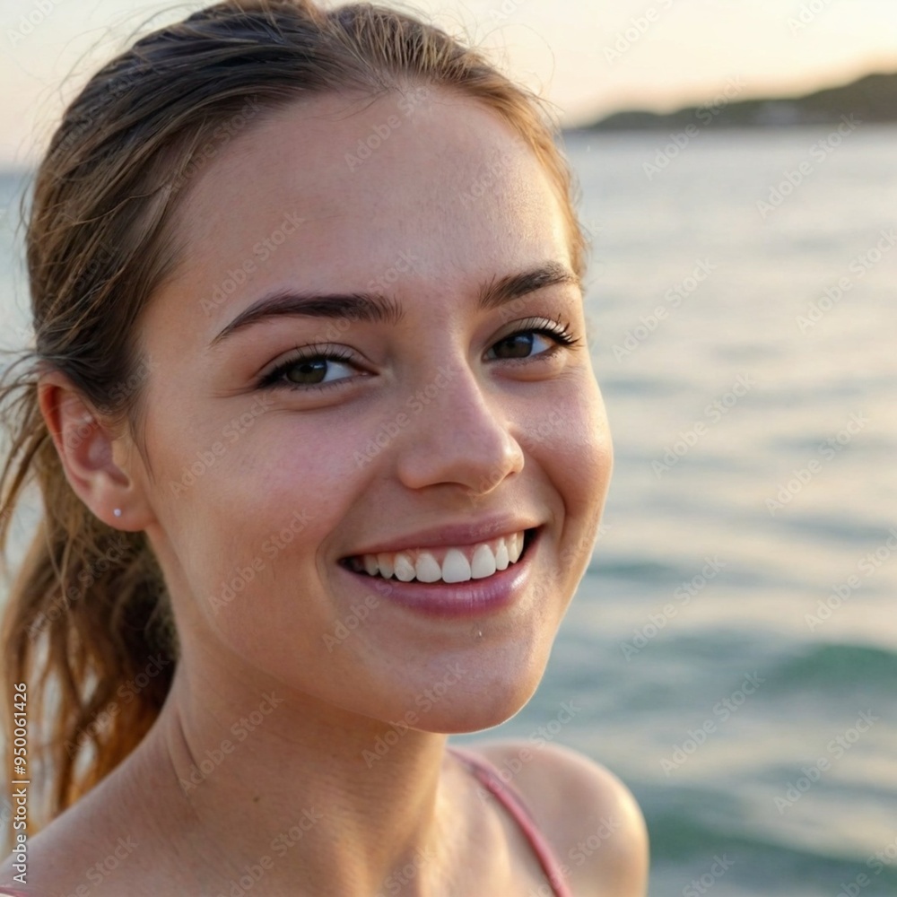 Close-up of smiling young woman in sea side Close-up of smiling young woman in sea side