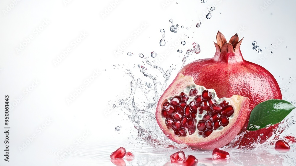 A whole and half-cut pomegranate with seeds scattered, against a white background, with water splashing around them, giving a fresh and vibrant look. A whole and half-cut pomegranate with seeds scattered, against a white background, with water splashing around them, giving a fresh and vibrant look.