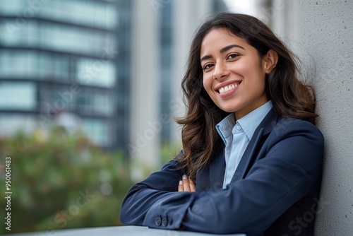 Young hispanic business woman in professional attire smiles confidently leaning on a city wall. Modern executive woman with curly hair and attractive features. Free Download Young hispanic business woman in professional attire smiles confidently leaning on a city wall. Modern executive woman with curly hair and attractive features. - GFXLoad