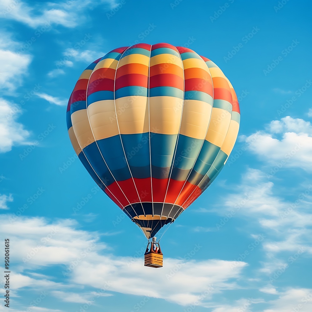 Fototapeta premium Vibrant Multi-Colored Balloon Soaring Against Blue Sky, Reflecting Sunlight and Creating