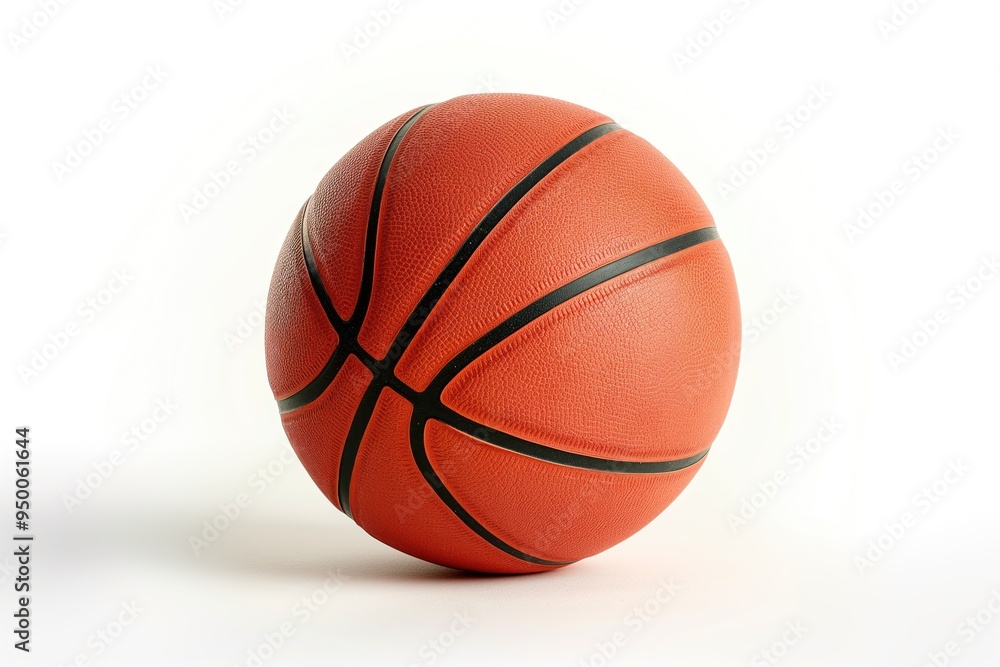 Fototapeta premium Basketball ball isolated on white background. Orange, brown, black colors. Leather texture, stripes design. Round, circular object used in sport, game, competition.