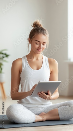 A woman sitting on a yoga mat at home, reviewing her wellness data on a tablet during a telehealth session, with a peaceful and serene background