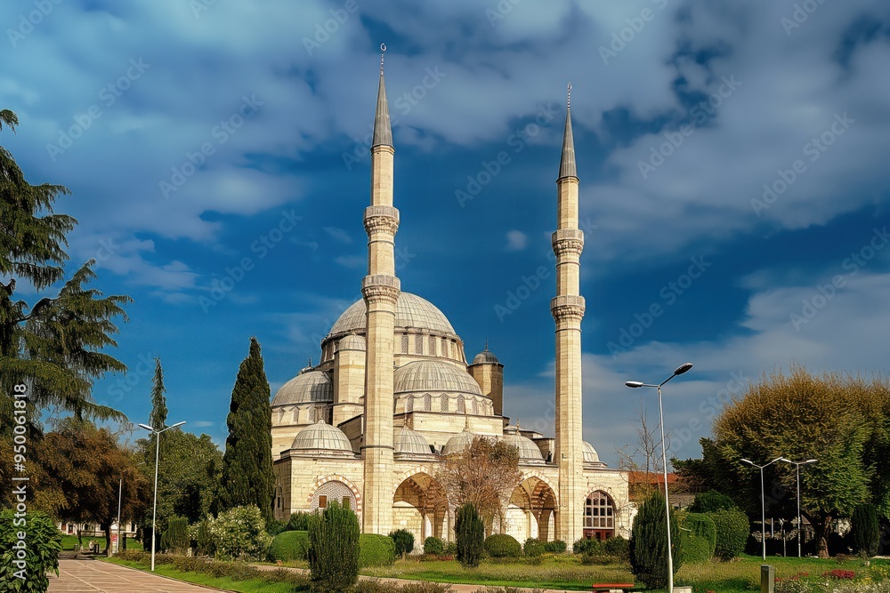 Fototapeta premium Hagia Sophia, Istanbul, Turkey. Large ornate building with domed roof, two towering minarets. Grand structure dominates scene from low angle. Clear blue sky provides backdrop to architectural marvel.
