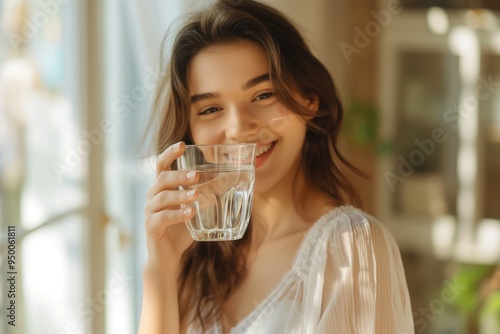 Young woman holds glass of water in clean kitchen at home. Beautiful brunette smiles while drinking from transparent glass. Fresh and healthy lifestyle concept.