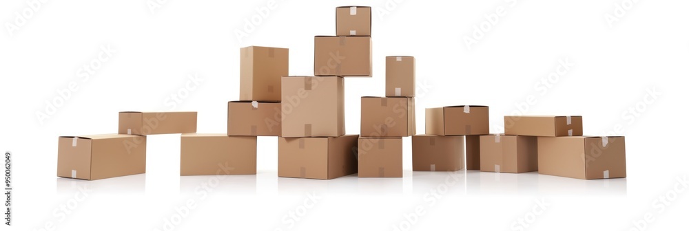 Close-up of cardboard boxes on white background. Isolated stack of shipping containers in various poses, empty and closed, ready for storage, delivery and transport. Close-up of cardboard boxes on white background. Isolated stack of shipping containers in various poses, empty and closed, ready for storage, delivery and transport.