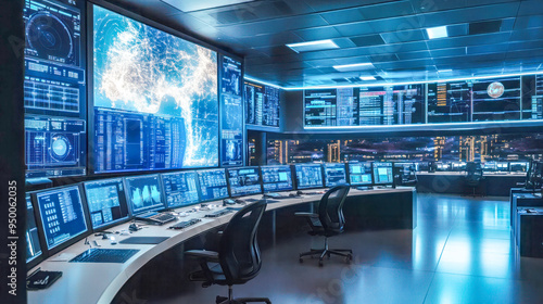 High-tech control room with multiple monitors displaying data, maps, and analytics, symbolizing surveillance, technology, and security operations