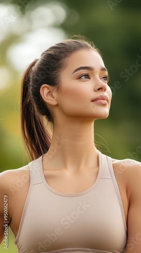 A woman with a natural ponytail and minimal makeup, wearing a simple workout outfit, stretching in a park, showcasing an active and low-maintenance lifestyle