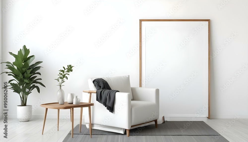 A white armchair with wooden legs in a minimalist room with a large empty white frame on the wall. A white armchair with wooden legs in a minimalist room with a large empty white frame on the wall.