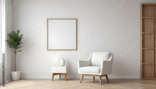 A white armchair with wooden legs in a minimalist room with a large empty white frame on the wall.