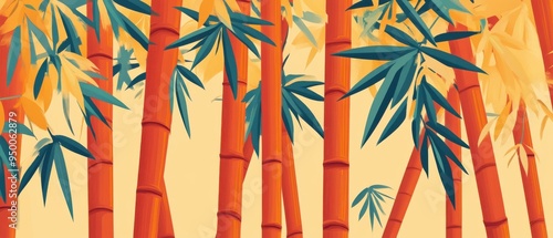 A painting of a forest with bamboo trees