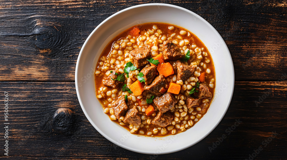 Beef and barley soup steaming in a white bowl on a rustic wooden table, perfect for a hearty and comforting meal Beef and barley soup steaming in a white bowl on a rustic wooden table, perfect for a hearty and comforting meal