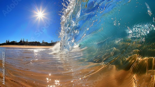 Wallpaper Mural Majestic Ocean Wave Crashing on a Sunny Beach, Sparkling Water and Golden Sand, Tranquil Seascape Torontodigital.ca