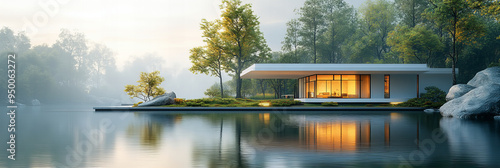 Modern Lakehouse Surrounded by Tranquil Nature, Minimalist Architecture and Scenic Landscape, Soft Green and Blue Tones, Serene Background, Peaceful and Idyllic Mood