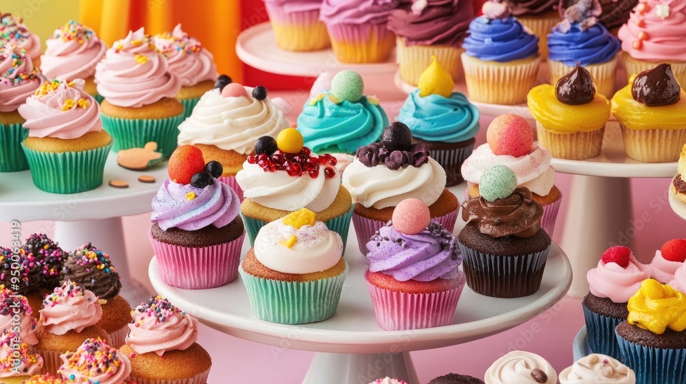 A vibrant cupcake display with various flavors and colorful toppings arranged on a dessert table. A vibrant cupcake display with various flavors and colorful toppings arranged on a dessert table.