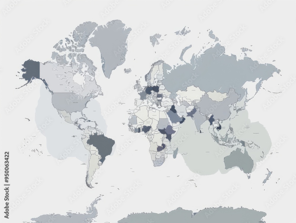 Obraz premium A world map with many countries and regions. The map is grey and white
