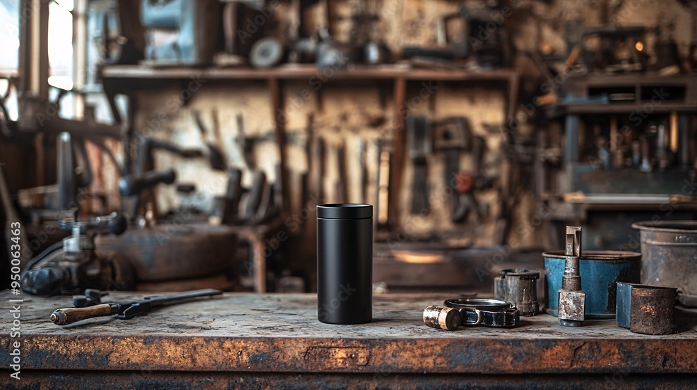 Black Tumbler in a Rustic Workshop Setting Black Tumbler in a Rustic Workshop Setting